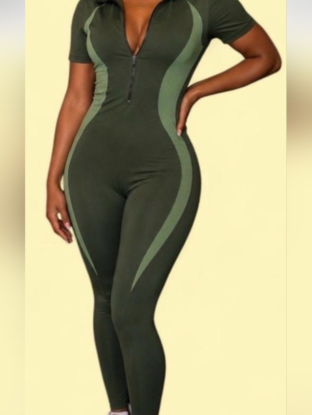 Olive Two-Tone Zip-Front Jumpsuit